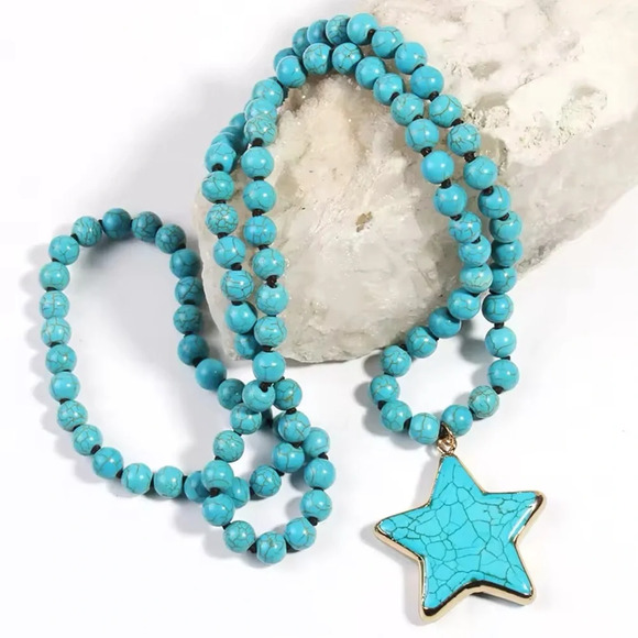 Turquoise Star Natural Stone Beads Bohemian Western Necklace - Picture 1 of 9